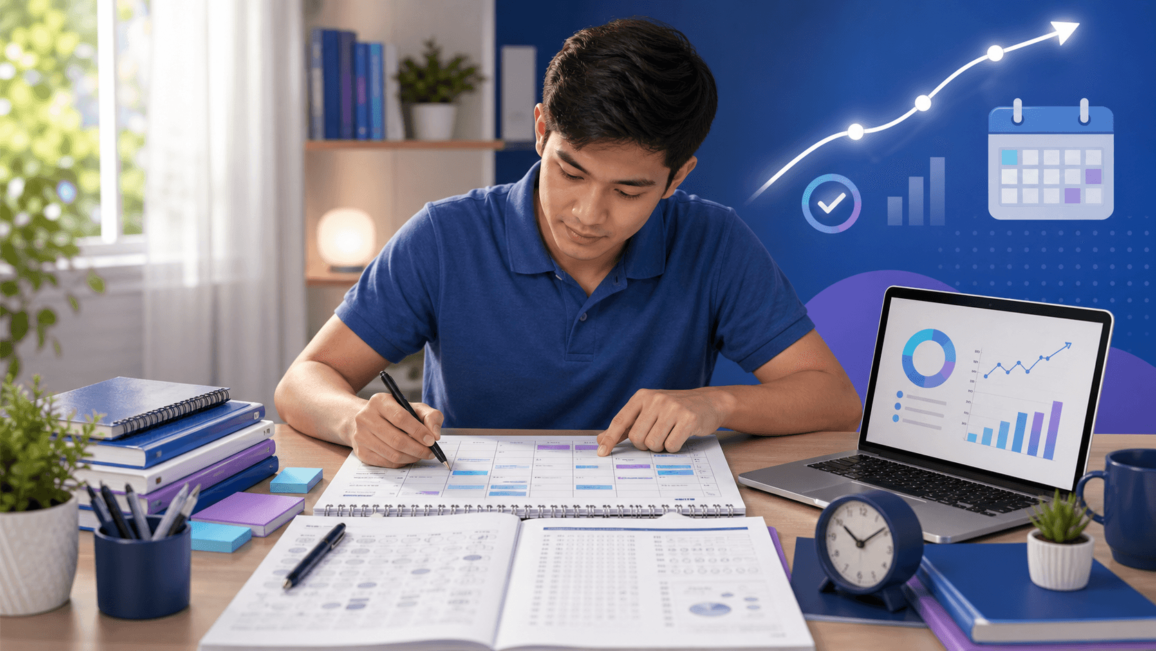 A learner organizing a Civil Service Exam study schedule at a desk